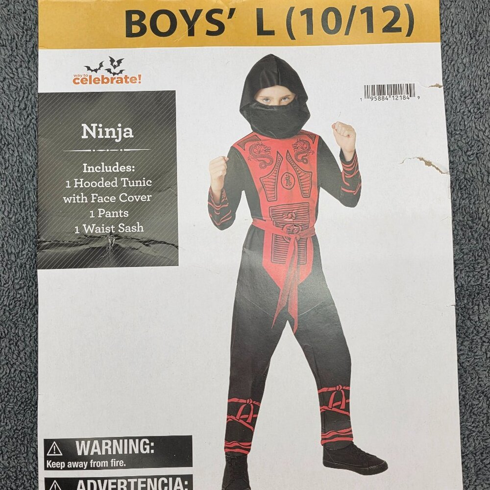 Boys Ninja Costume L 10/12 Red Black 3pc Set NWT - Opened